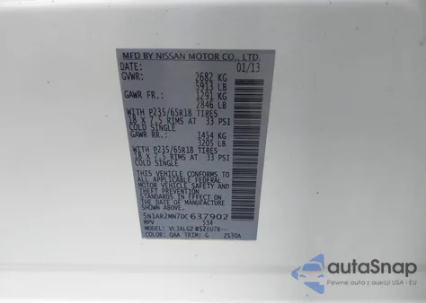 2013 Nissan Pathfinder S z USA, uszkodzony, nr VIN 5N1AR2MN7DC637902